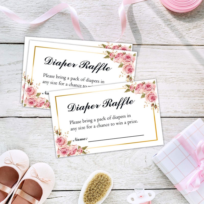 Giftideaworkshop 50 Floral Diaper Raffle Tickets for Baby Shower, Pink Floral Diaper Raffle Ticket Lottery Insert Cards, Bring a Pack of Diapers to Win Favors, Baby Shower Games for Girls. - Image 2